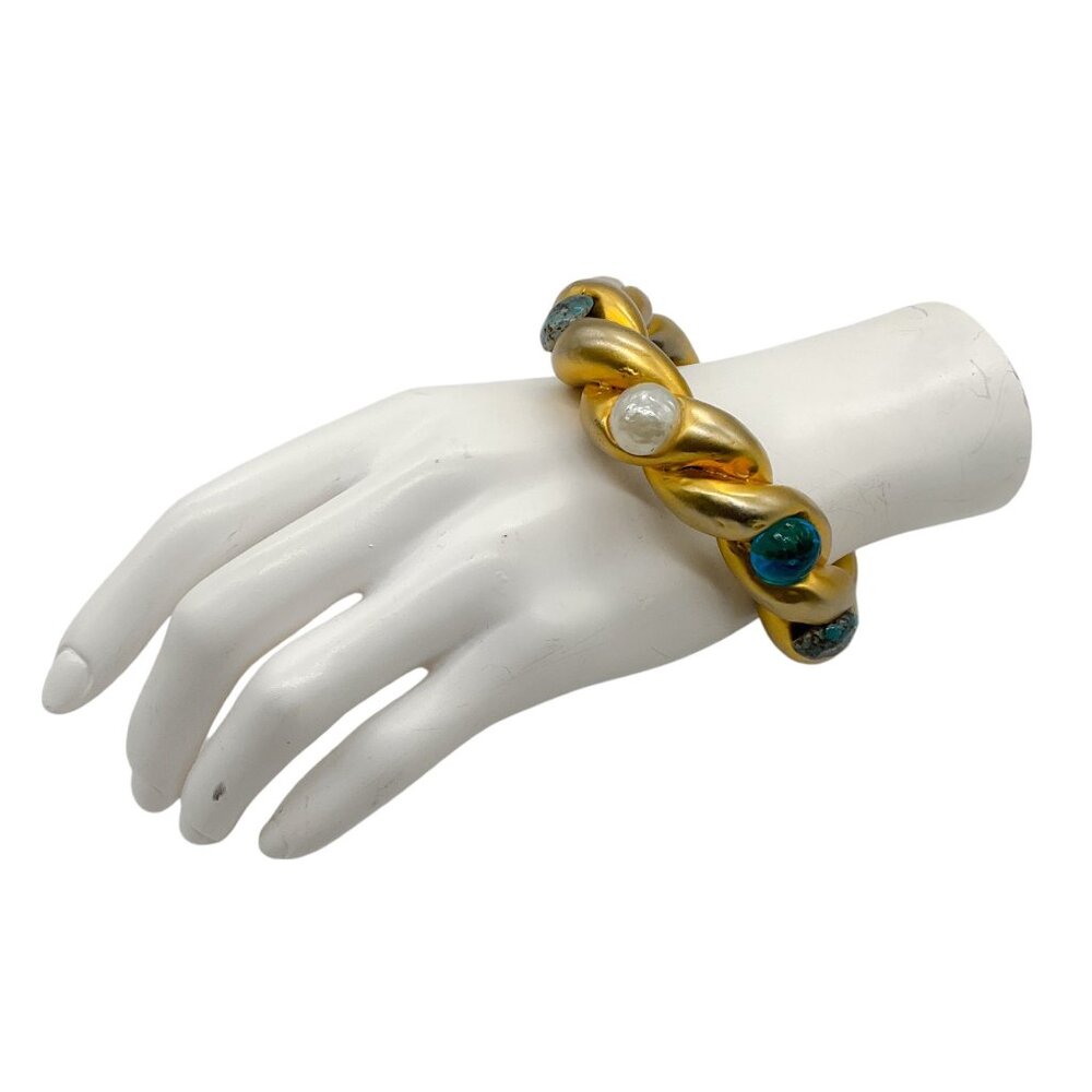 Chanel Vintage Pearl and Aqua Resin Embellished Gold Enamel Chunky Bangle Bracel - Picture 5 of 7